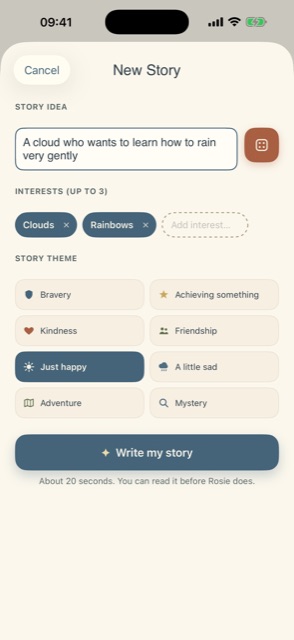 Story builder screen: a story idea, up to three interests, and a story theme grid including Bravery, Kindness, Friendship and Adventure
