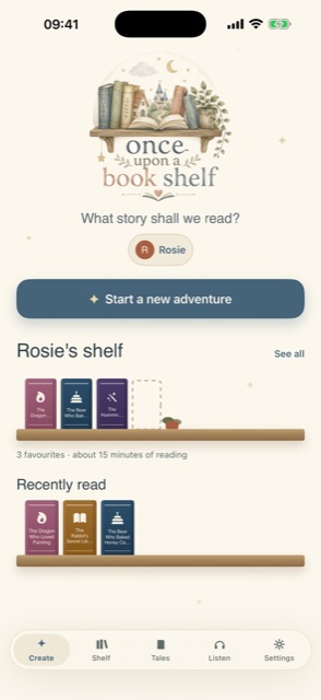 OnceUponaBookshelf home screen showing a shelf of a child's saved stories and a Start a new adventure button